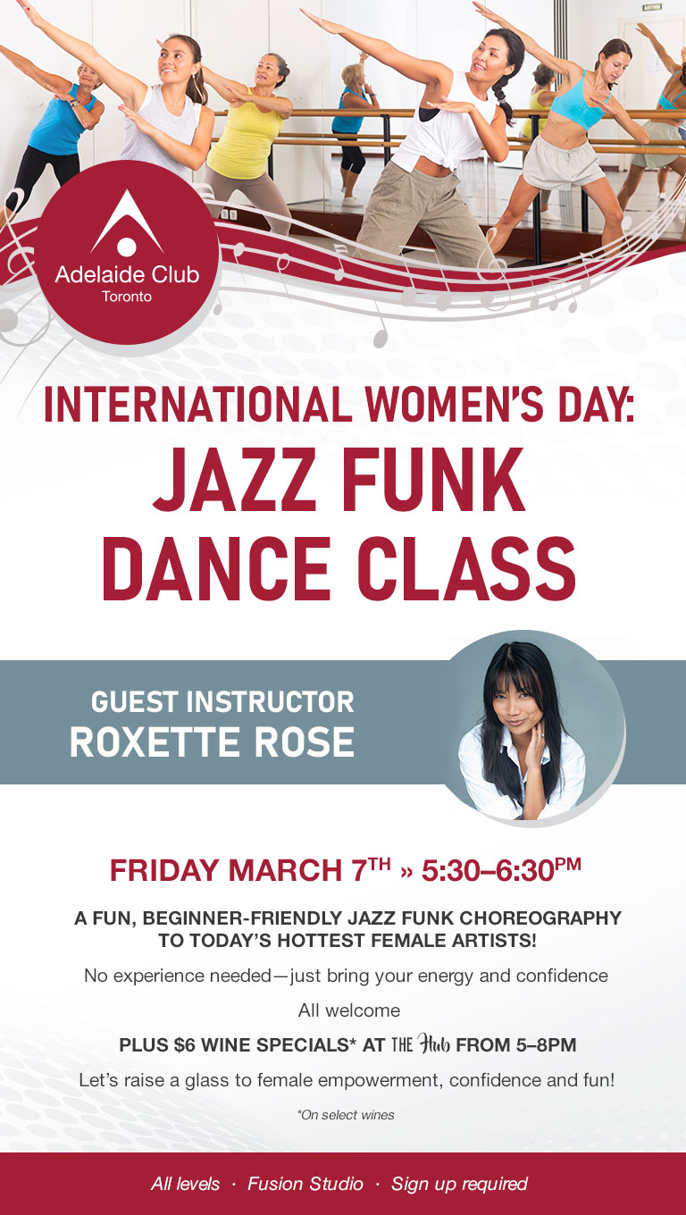 International Women's Day: Jazz Funk Dance Class, Friday, March 7th - 5:30-6:30pm, plus $6 wine specials at the HUB from 5-8pm